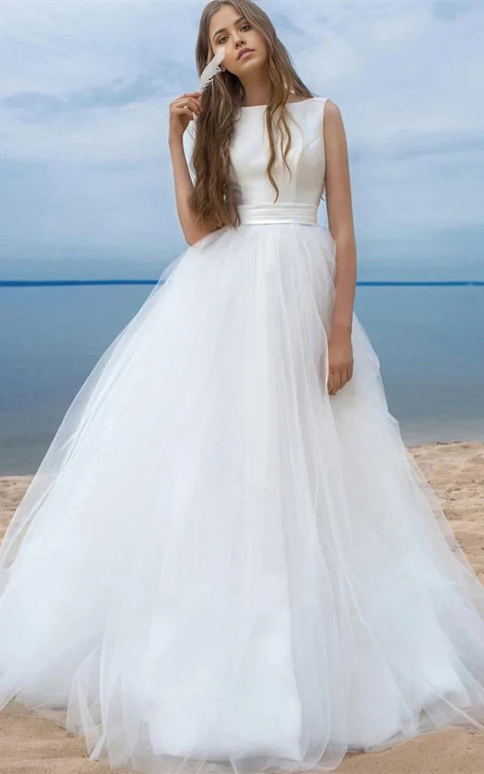 A-line Simple Ball Gown Satin Tulle Bateau Sleeveless Wedding Dress With Bow and Ribbon