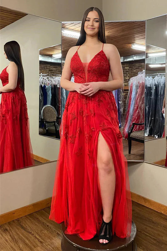 Langes Ballkleid mit tiefem V-Ausschnitt, Blumenapplikationen und Schlitz