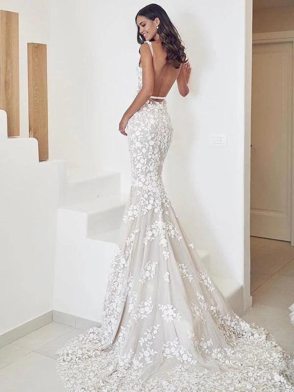 Mermaid Lace Straps Appliqued Bridal Gowns Wedding Dresses