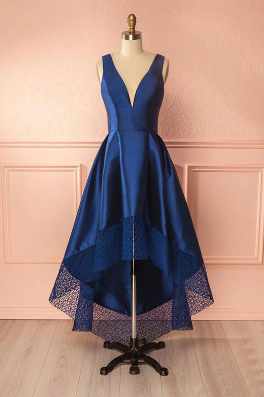 V neck high low prom dress
