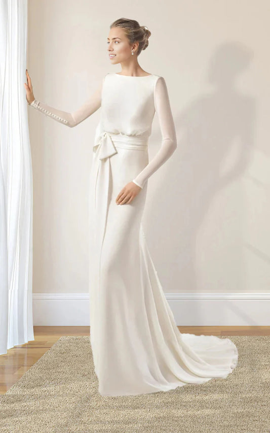Simple Chiffon Long Sleeve Wedding Dress With Decoratived Buttons and Bow