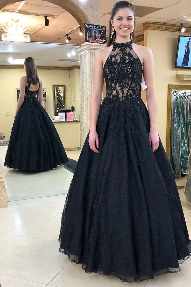 A-Line Halter Appliques Simple Black Formal Wedding Dress