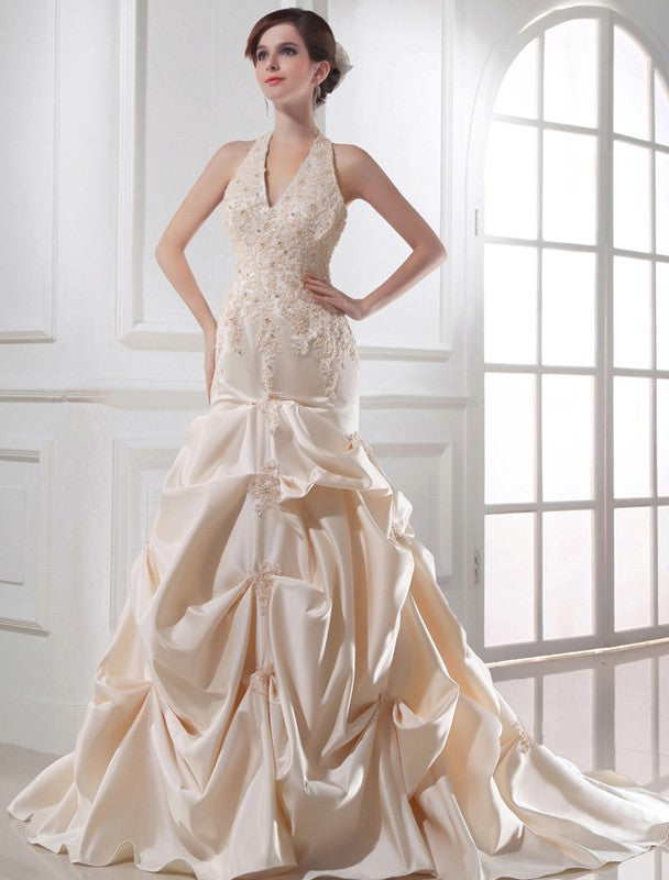 Mermaid Satin Halter Sleeveless Chapel Train With Applique Wedding Dresses