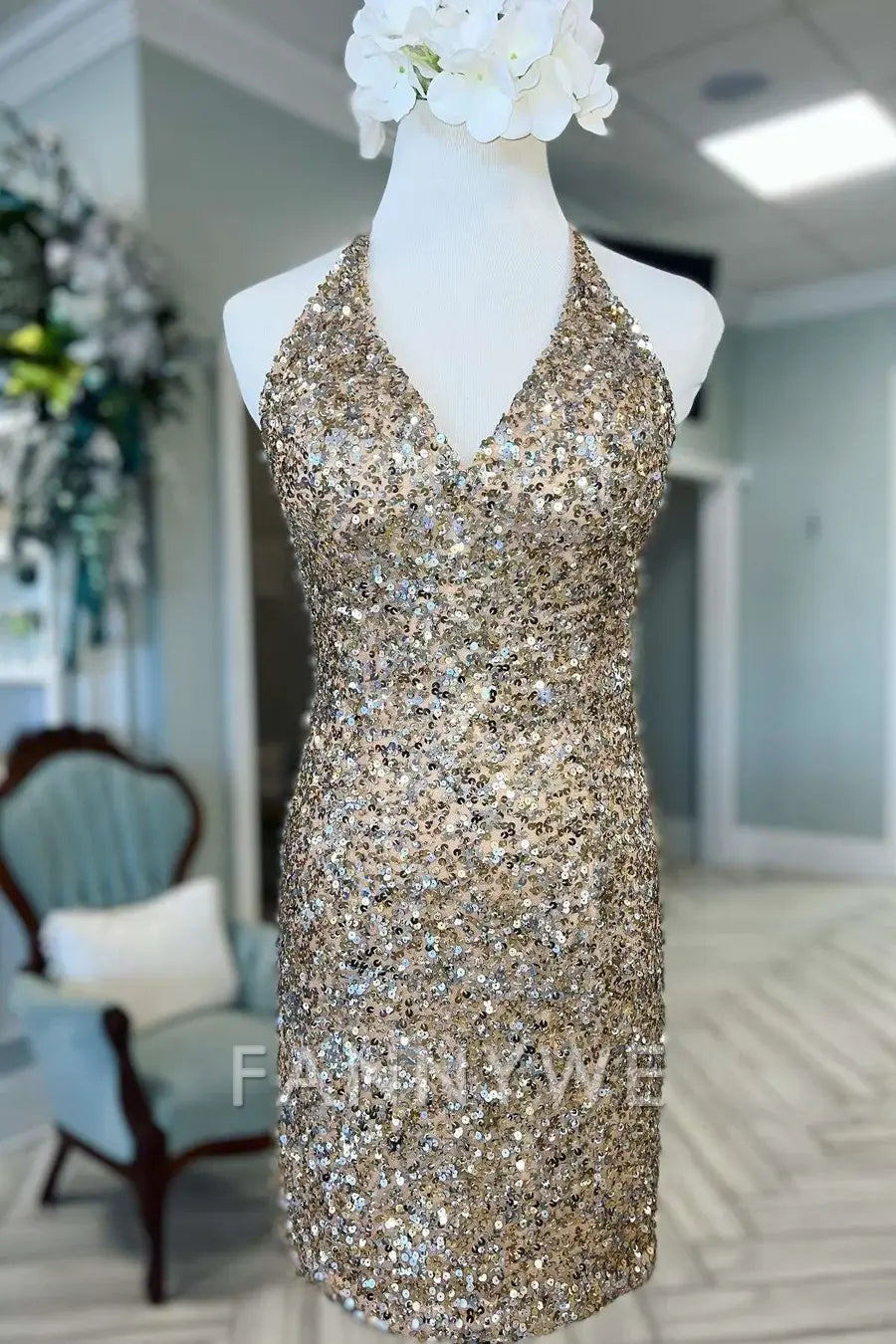 FannyWe Simple Gold Sequin V-Neck Cross-Back Short Homecoming Dress formal wear dresses