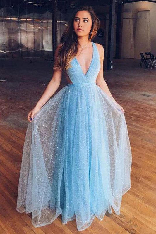 A-Linie V-Ausschnitt Glänzendes Hellblau Langes Tüll-Ballkleid für Teenager