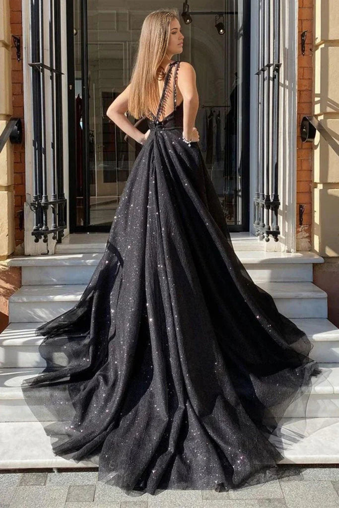 A-line Tulle V Neck Open Back Black Long Prom Dresses with High Slit