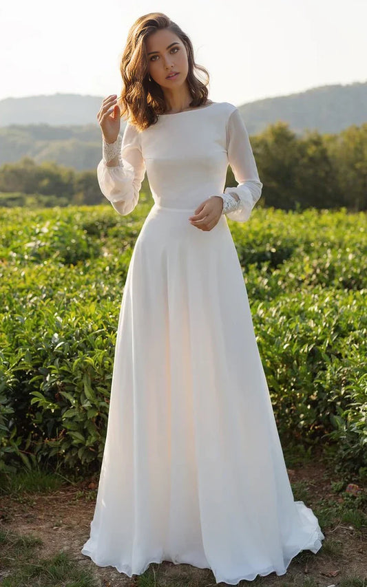 A-Linie Schlichtes Lässiges Chiffon Bateau V-Rücken Langarm Bodenlange Schleppe Brautkleid