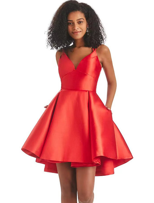 Vestido de fiesta de corte A, sin espalda, corto/mini, sin mangas, escote en V, satén con pliegues