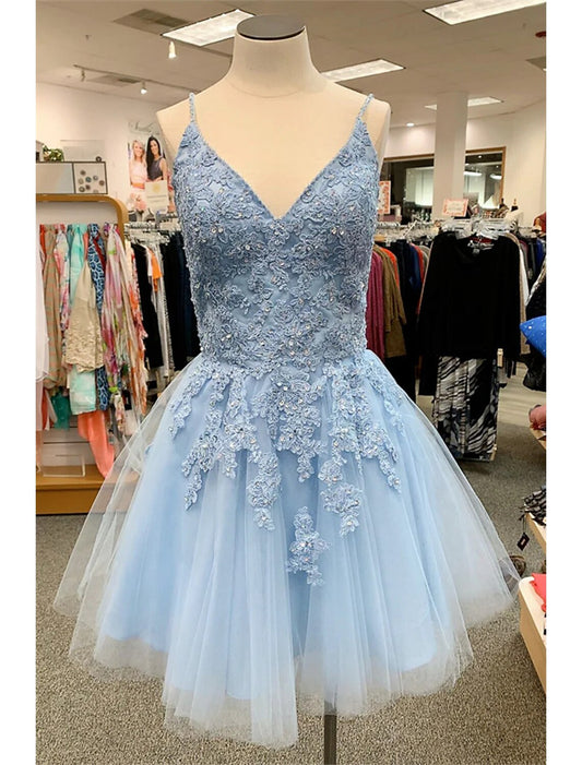 Vestido de fiesta de corte A con flores, corto/mini, sin mangas, con tirantes finos, de tul y apliques