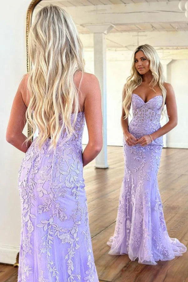 Mermaid Neck Sweetheart Lace Purple Long Prom Dress Formal Dress