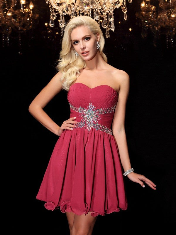 A-Line Chiffon Sweetheart Sleeveless Short/Mini With Rhinestone Dresses