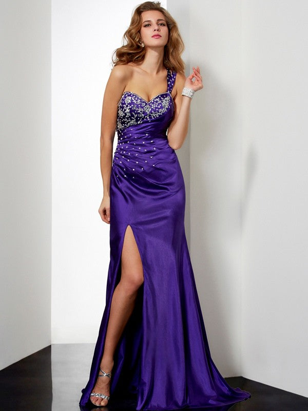 Sheath Silk like Satin One-Shoulder Sleeveless Sweep/Brush Train With Beading Dresses