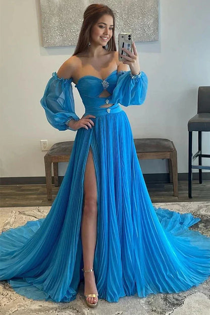 A Line Sweetheart Long Chiffon Prom Dress With Split