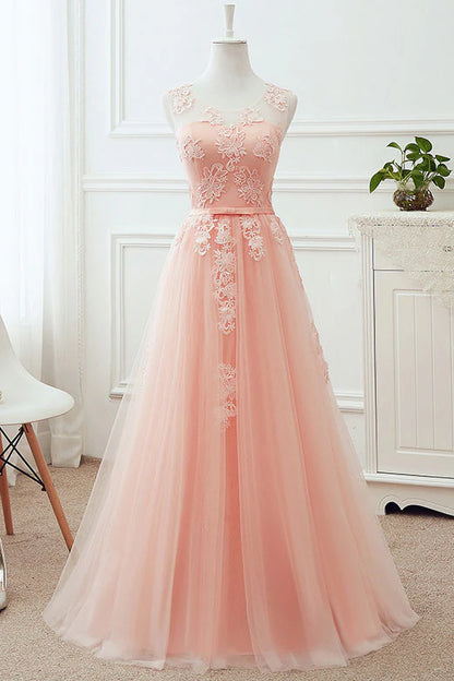Round neck tulle lace applique long prom dress