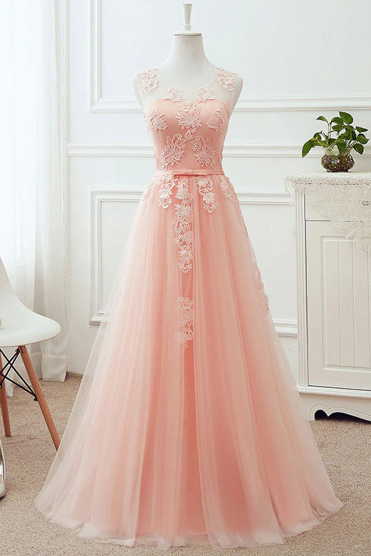 Round neck tulle lace applique long prom dress
