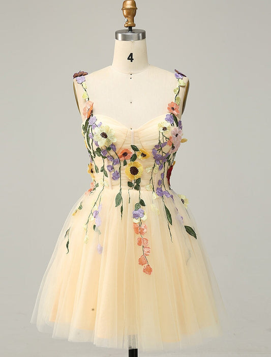 Vestido de fiesta de bienvenida de corte A, floral, para cóctel, corto/mini, sin mangas, con tirantes finos, de tul y apliques