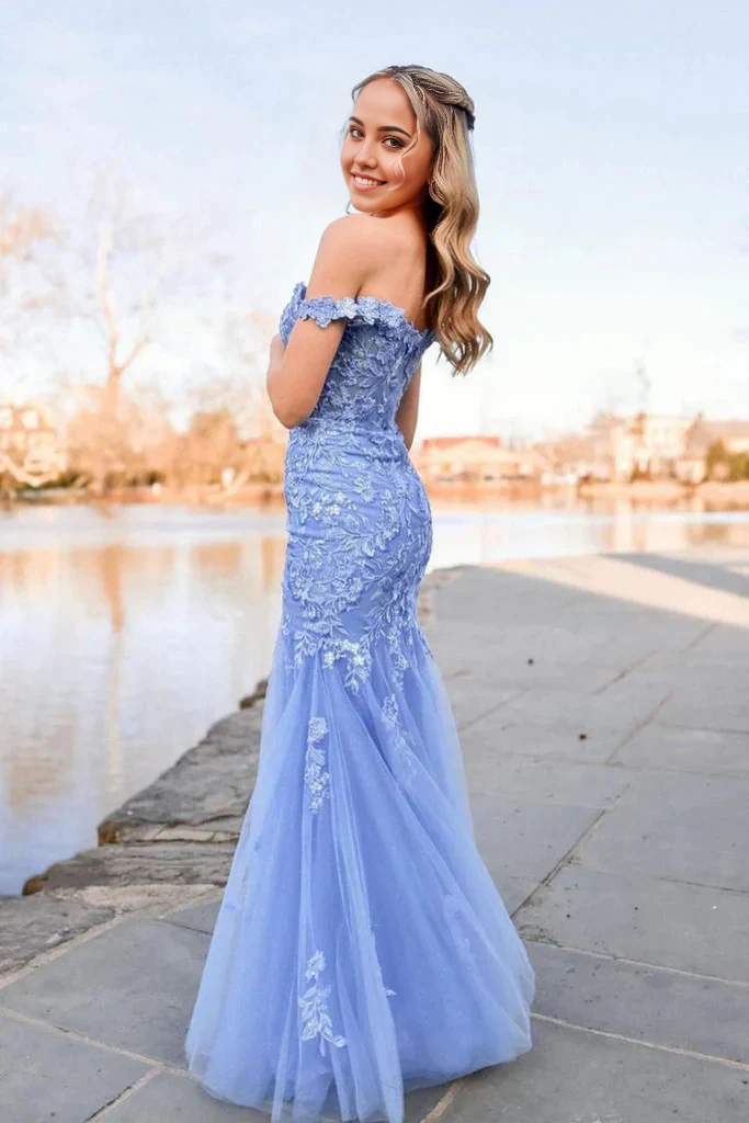 Mermaid Off The Shoulder Blue Lace Long Prom Dresses Formal Evening Dresses