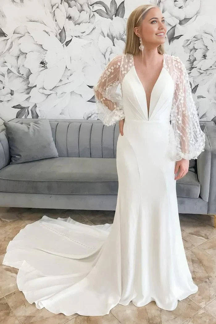 Mermaid Plunge V Long Wedding Dress with Balloon Sleeves