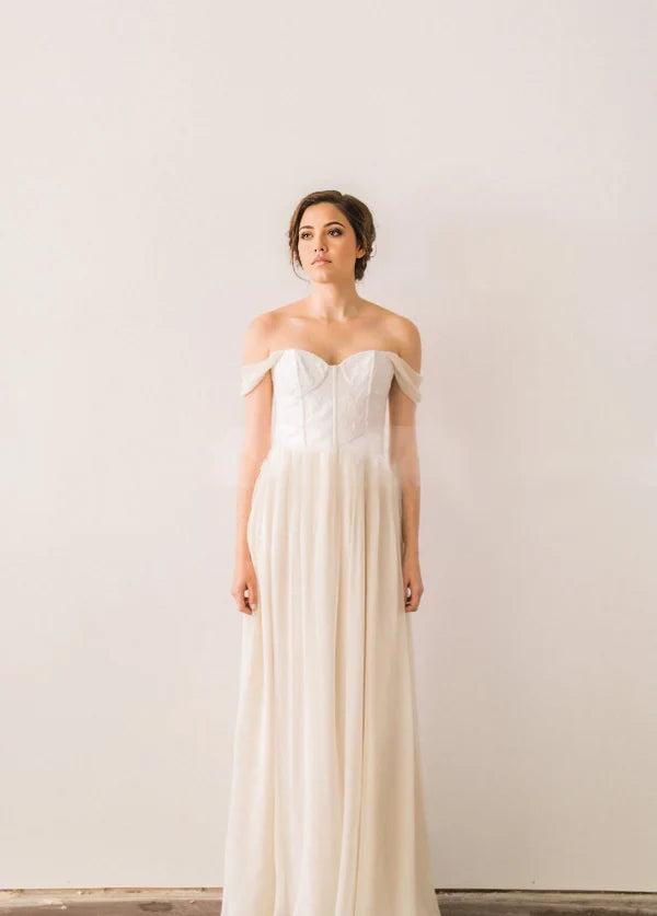 A-line Off-the-Shoulder Backless Beach Chiffon Wedding Dress with Lace Bodice