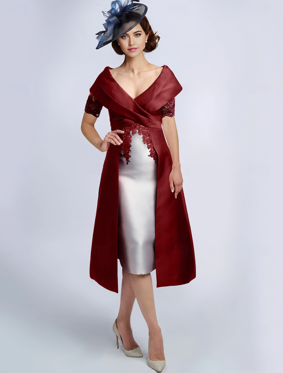 A-Line Dress Mother of the Bride Dress Elegant Vintage V Neck Tea Length Satin Half Sleeve with Lace Criss Cross free custom size