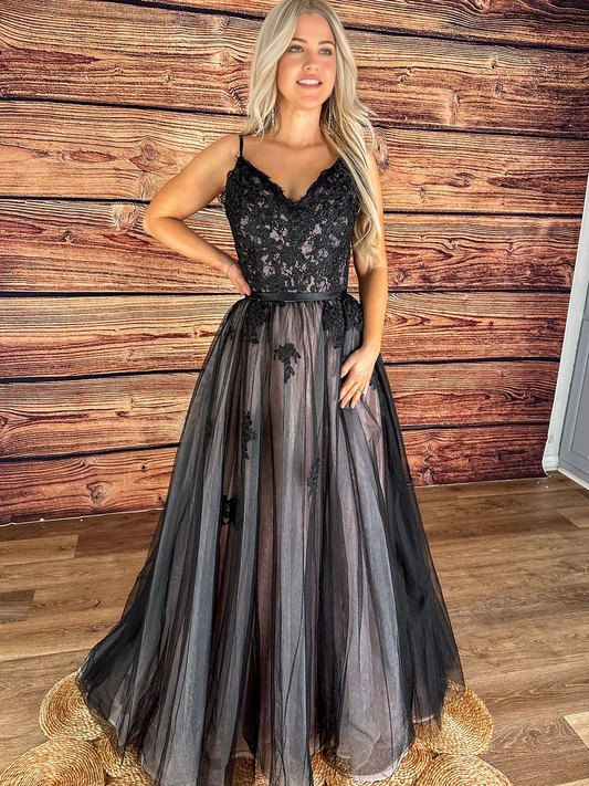 A-line Lace Applique Spaghetti Straps Black Wedding Dress