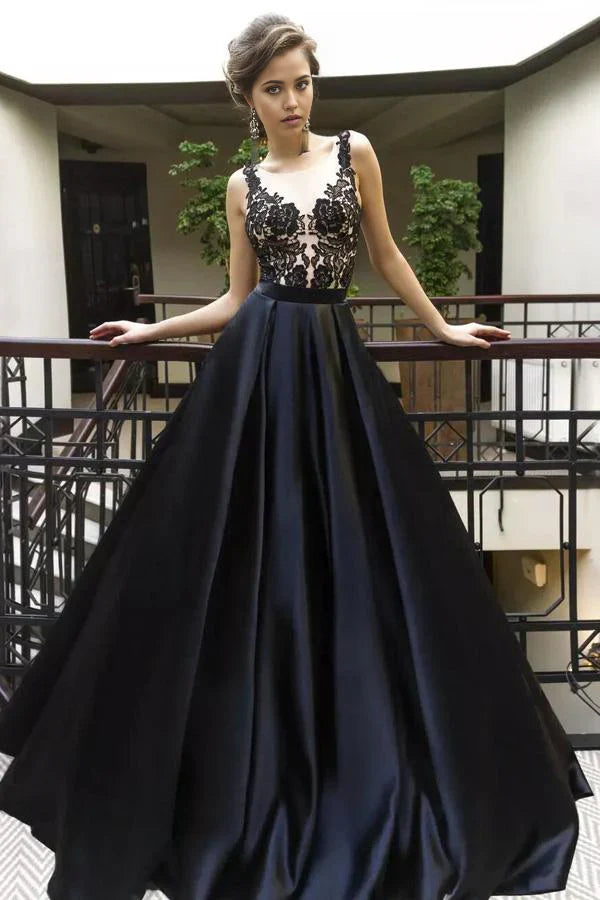 A line Appliques Satin Long Prom Dresses Formal Dresses