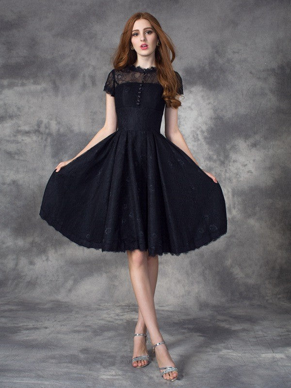 A-Line Lace Jewel Short Sleeves Knee-Length With Lace Dresses