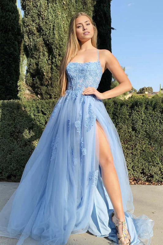 Spaghetti Straps Tulle Lace Appliques Long Prom Dresses With Slit