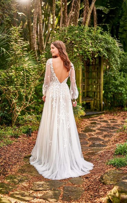 Beach Beautiful V Neck Long Sleeves Tulle Bridal Dresses Wedding Dresses