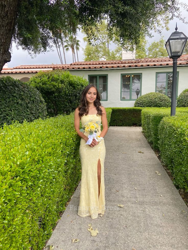Mermaid Spaghetti Straps Split Light Yellow Long formal dresses Bridesmaid Dresses evening gown Prom Dress