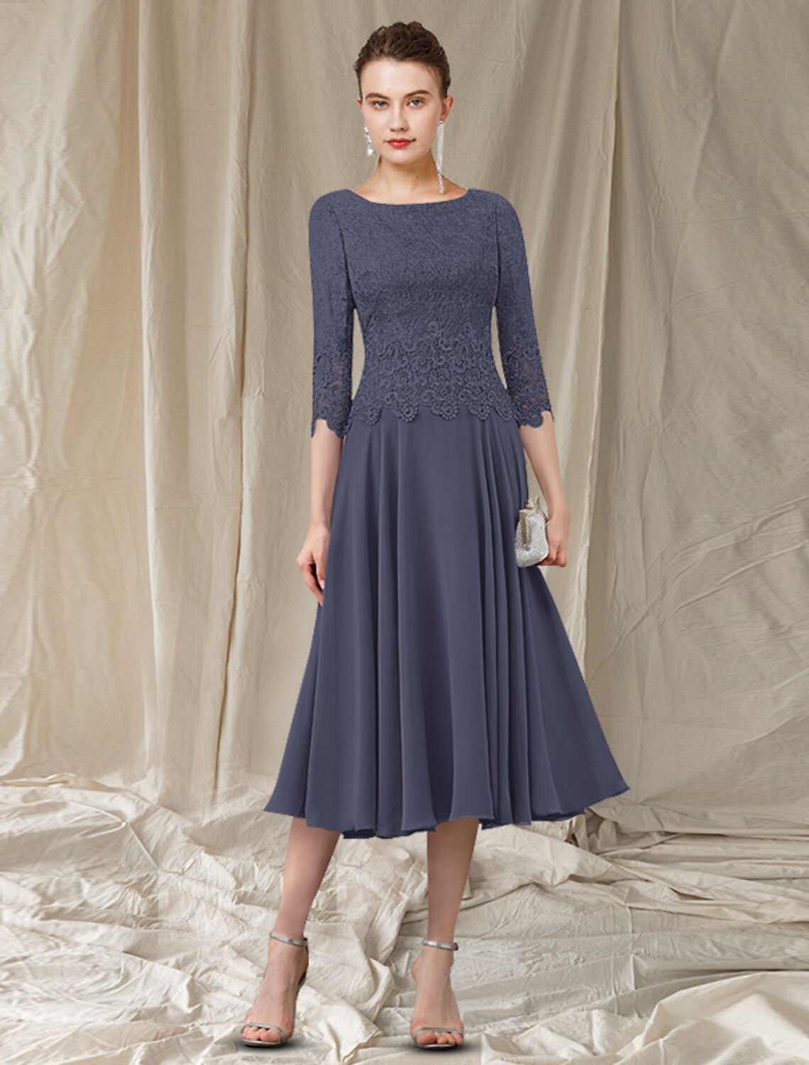 Vestido elegante de madre de la novia de corte A, escote joya, largo hasta la rodilla, de gasa, encaje, manga 3/4 con pliegues y apliques