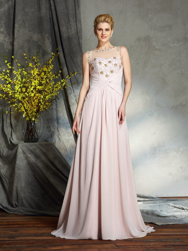 A-Line Chiffon Bateau Sleeveless Sweep/Brush Train With Applique Mother of the Bride Dresses