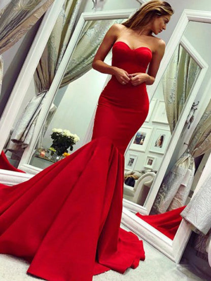 Trumpet/Mermaid Ruffles Strapless Court Train Satin Sleeveless Dresses