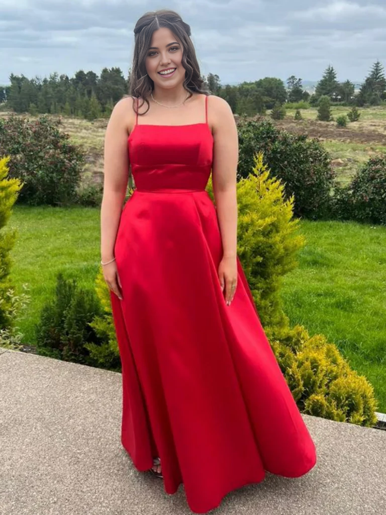 A Line Simple Spaghetti Straps Red Satin Long Prom Dresses Evening Graduation Dresses