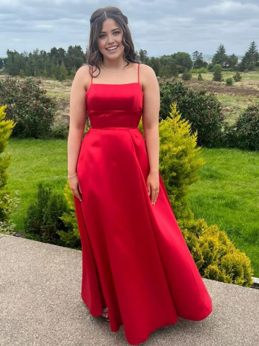A Line Simple Spaghetti Straps Red Satin Long Prom Dresses Evening Graduation Dresses