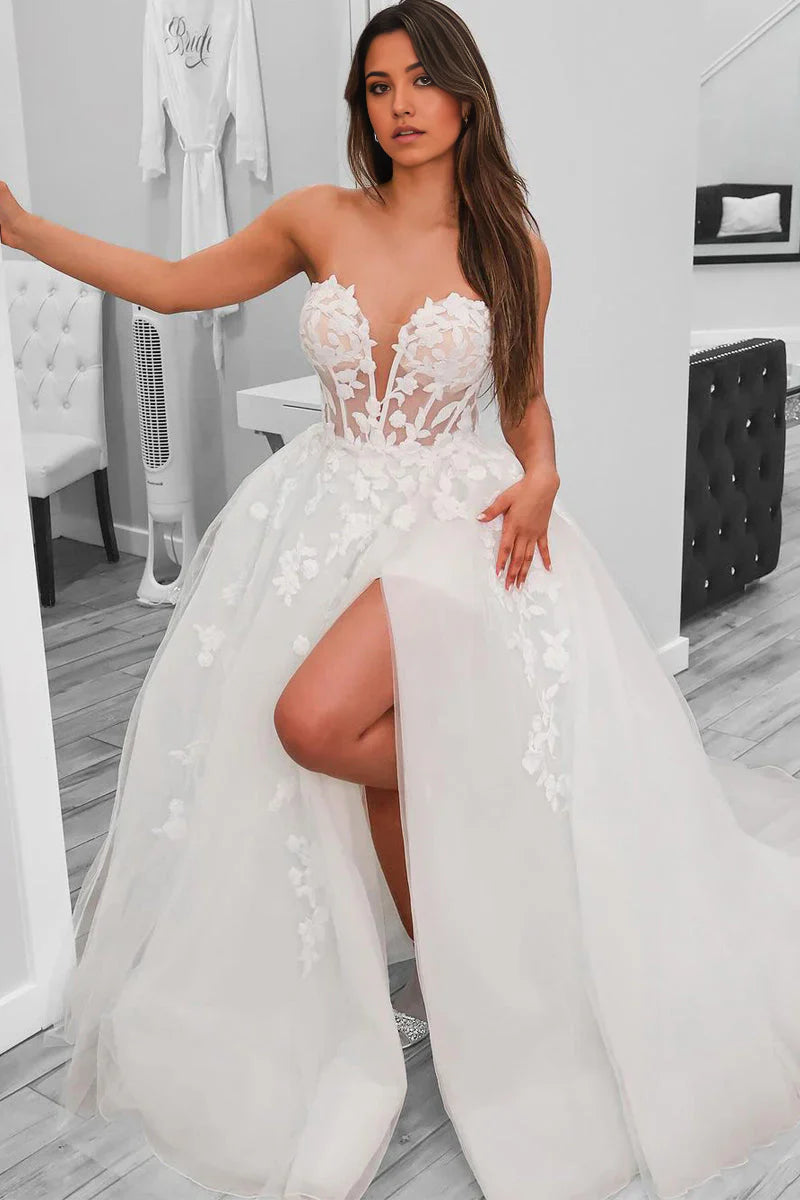 A-Line Sweetheart Tulle Wedding Dresses With Slit