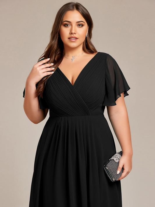 Plus Size A-Linie V-Ausschnitt Chiffon Kurze Ärmel Knielang Abendkleid formelles Kleid Ballkleider 
