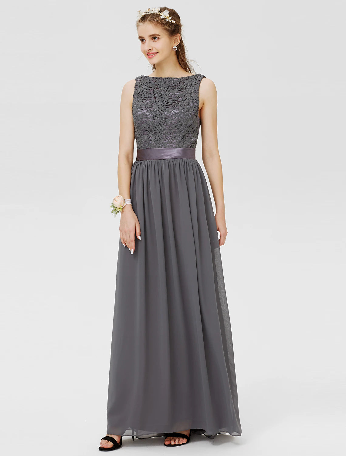 Vestido de dama de honor con corte tubo/columna, largo hasta el suelo, de gasa/encaje floral, con encaje/faja/cinta/plisado