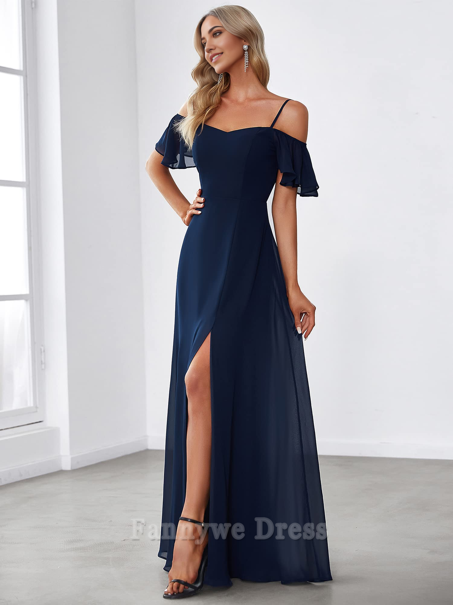 A-Line Off Shoulder Short Sleeve Split Floor Length formal dresses Bridesmaid Dresses evening gown Prom Dress