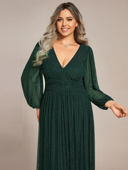 Plus Size A-line V Neck Pleated Floor Length Glitter Long Sleeves evening gown formal dress Prom Dresses