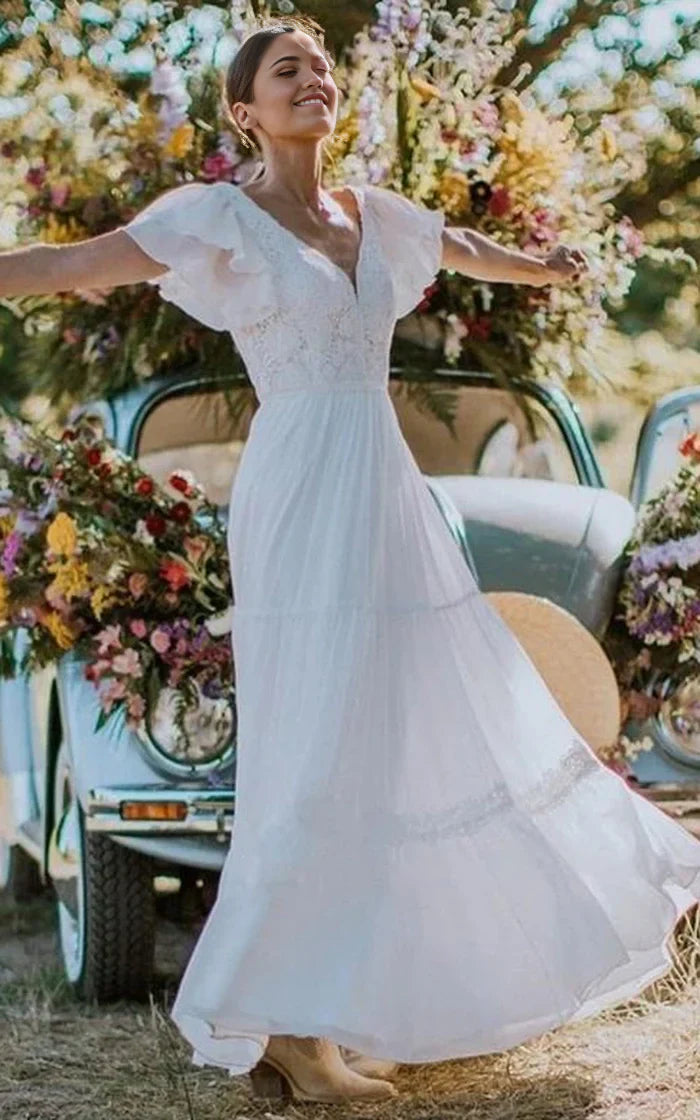 A Line V-neck Lace Short Sleeve Floor-length Wedding Dress with Ruffles