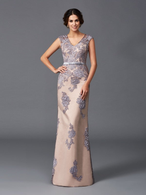 Sheath Satin Straps Sleeveless Floor-Length With Applique Dresses