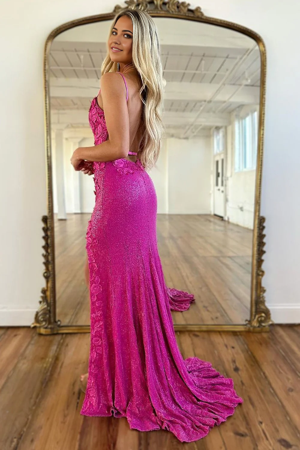Spaghetti Straps Glitter Fuchsia Open Back Long Sequin Prom Dress With Split