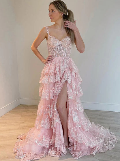 A-Line/Princess Tulle Lace Straps Sleeveless Court Train Corset Dresses