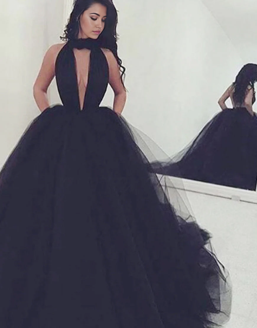 A-line Halter Sexy Sleeveless Keyhole Backless Black Ball Gown Prom Dress