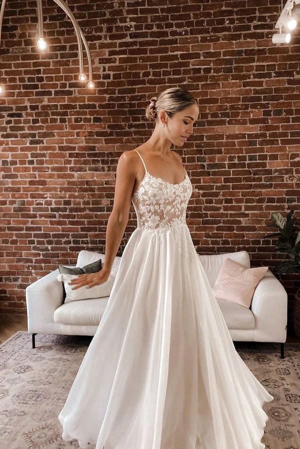 A Line V Neck Chiffon Wedding Dresses with Appliques