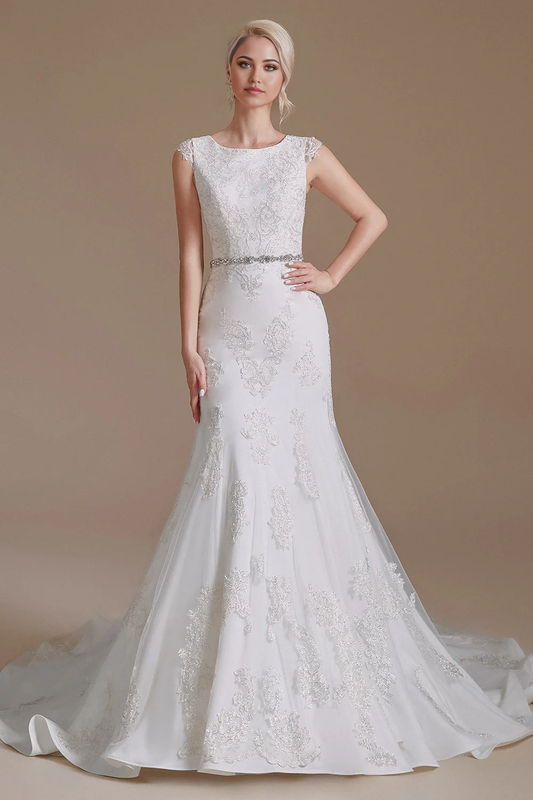 Mermaid Chapel Train Appliques Tulle Wedding Dresses With Belt