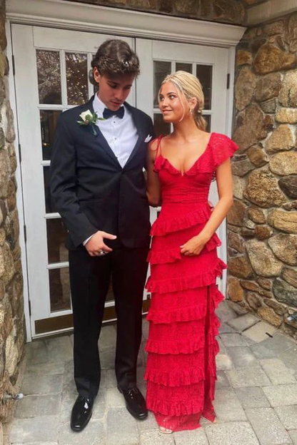 Gerades langes Ballkleid aus Spitze, mehrlagiges Abendkleid, Abschlusskleid