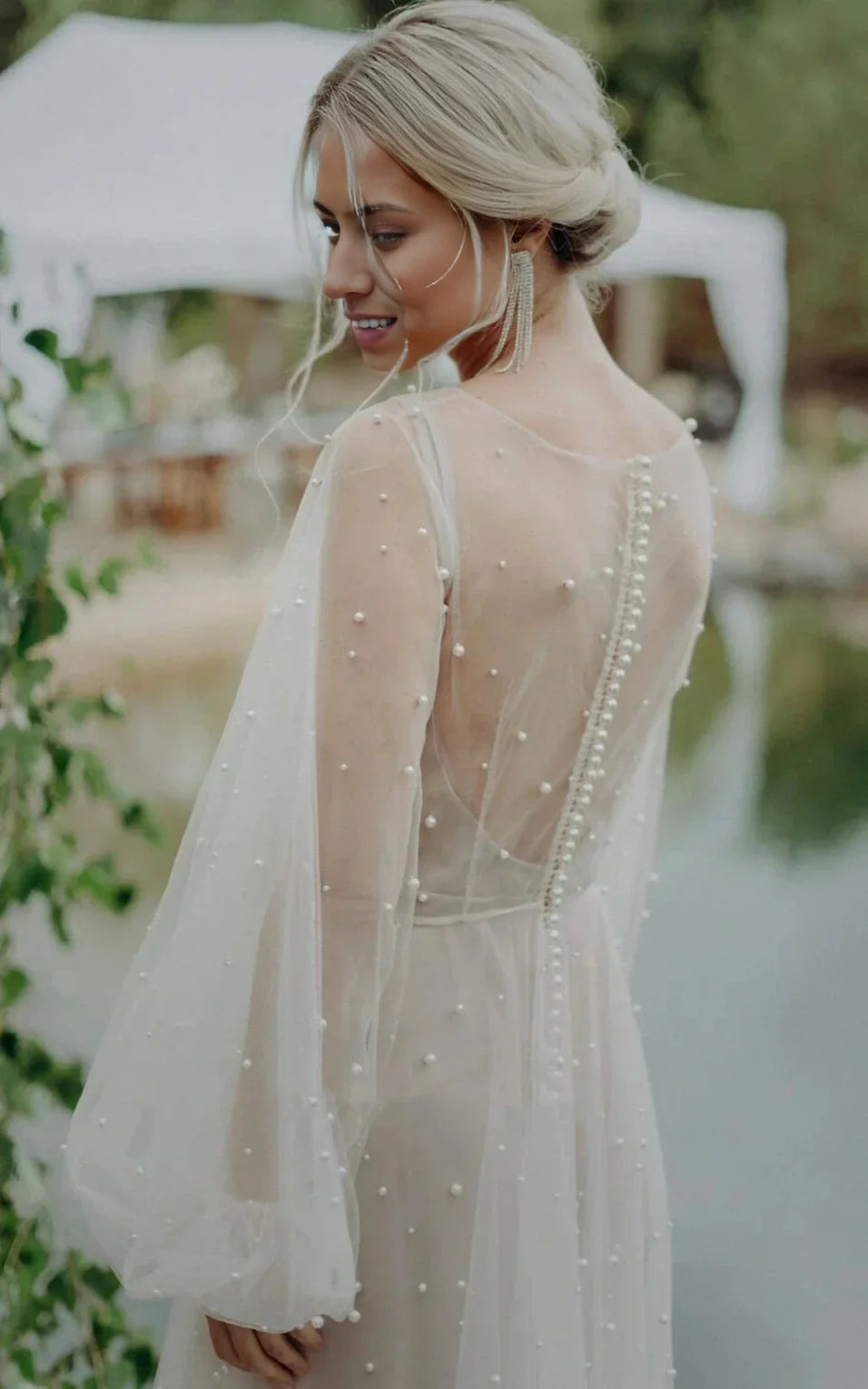 Vestidos de novia de tul con ilusión, corte A, sencillos, modestos, de manga larga