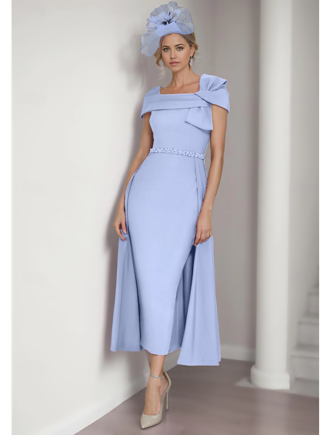 Sheath / Column Mother of the Bride Dress Elegant Square Neck Tea Length Stretch Fabric Short Sleeve with Bow(s) Tier Solid Color free custom size